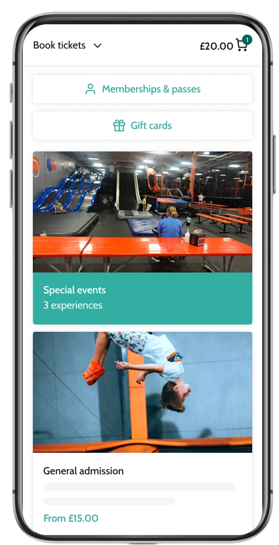 Birthday party booking screen for a trampoline park with add-ons